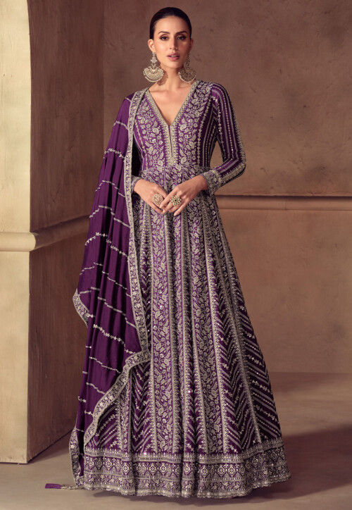 Embroidered Chinon Silk Abaya Style Suit in Dark Purple