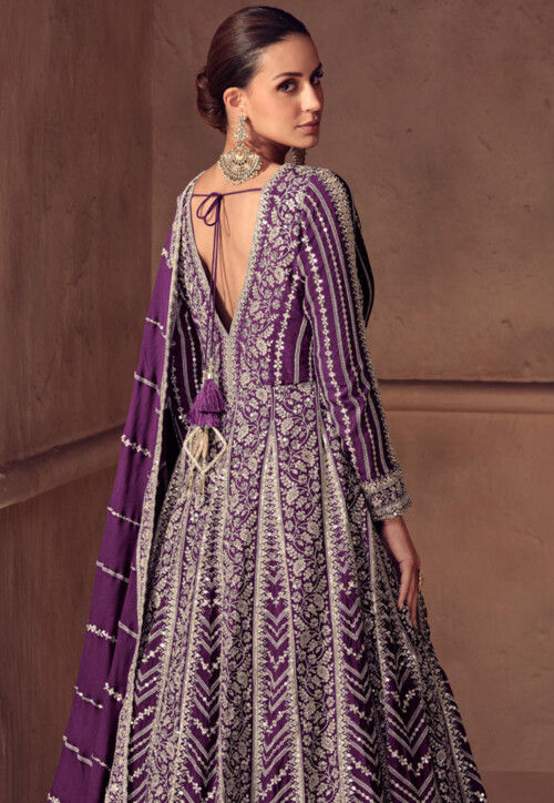 Embroidered Chinon Silk Abaya Style Suit in Dark Purple