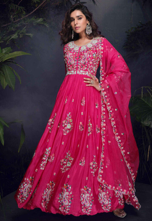 Embroidered Chinon Silk Abaya Style Suit in Fuchsia