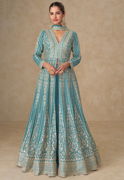 Embroidered Chinon Silk Abaya Style Suit in Light Blue