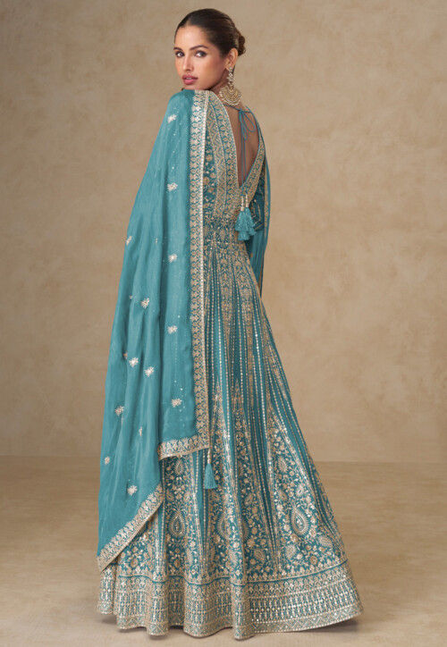 Embroidered Chinon Silk Abaya Style Suit in Light Blue