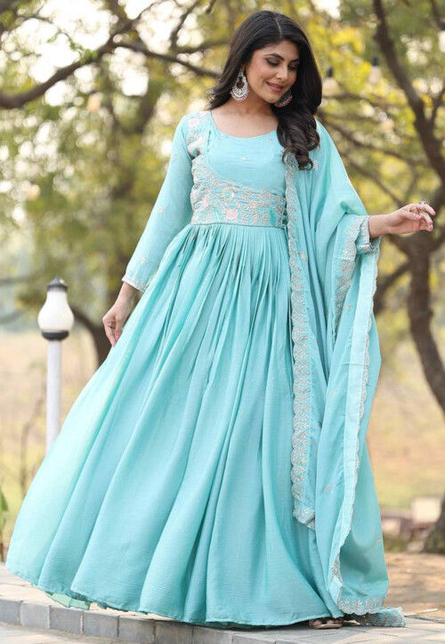 Buy Embroidered Chinon Silk Abaya Style Suit in Light Blue Online : KQU5190  - Utsav Fashion