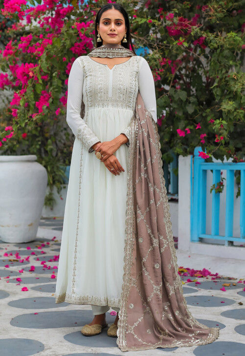 Embroidered Chinon Silk Abaya Style Suit in Off White