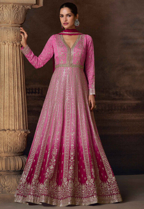Embroidered Chinon Silk Abaya Style Suit in Pink Ombre
