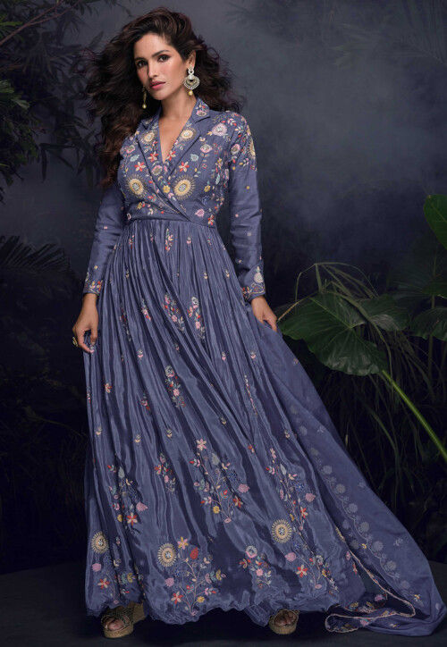 Embroidered Chinon Silk Abaya Style Suit in Purple