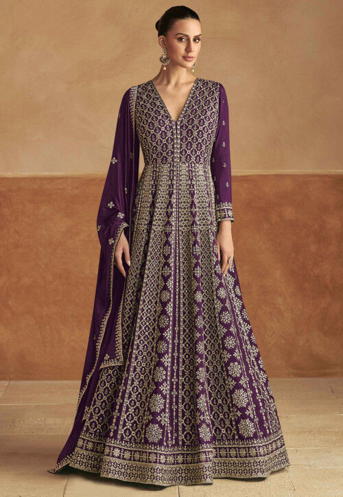 Embroidered Chinon Silk Abaya Style Suit in Purple