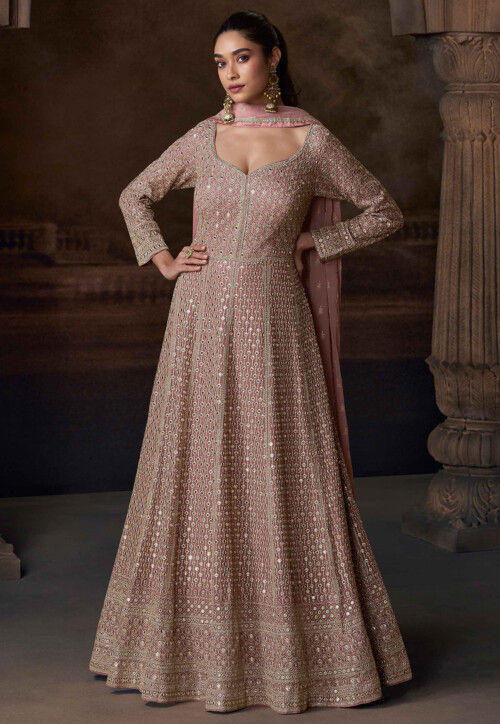 Embroidered Chinon Silk Abaya Style Suit in Rose Gold