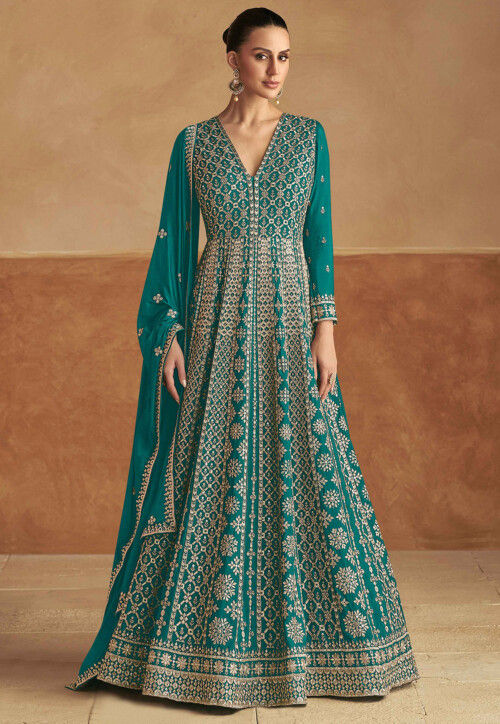 Embroidered Chinon Silk Abaya Style Suit in Teal Green