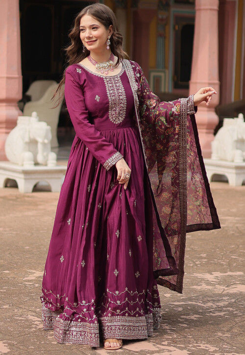 Buy Embroidered Chinon Silk Abaya Style Suit in Wine Online KQU4848 Utsav Fashion