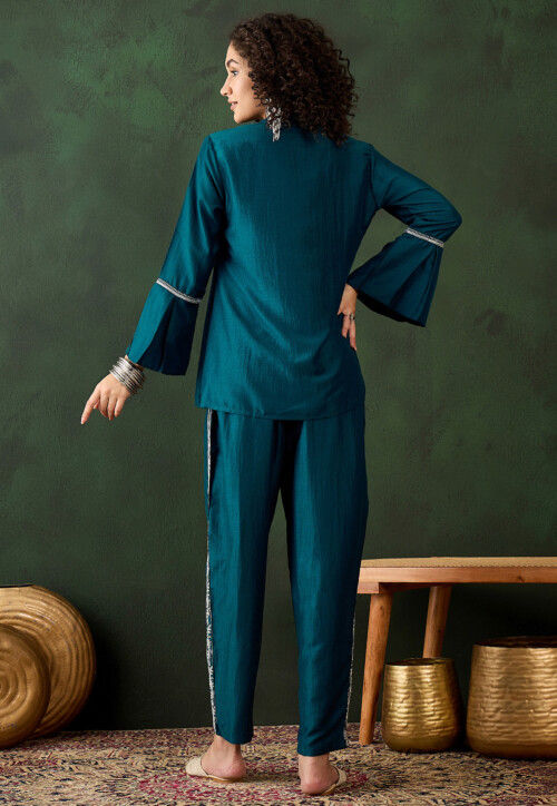 Buy Embroidered Chinon Silk Co Ord Set in Teal Blue Online : TKB699 ...