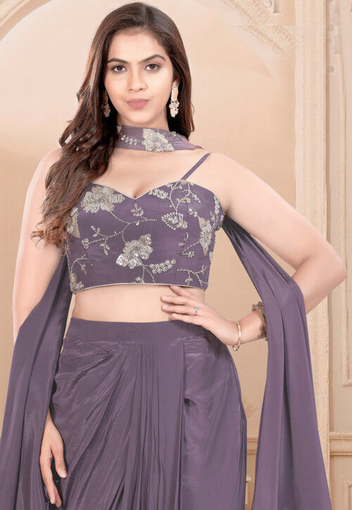 Embroidered Chinon Silk Crop Top Set in Dusty Purple