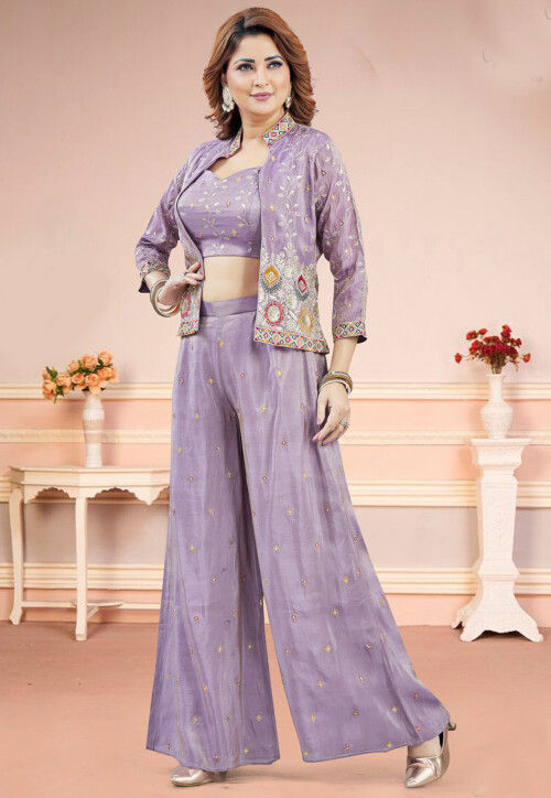 Embroidered Chinon Silk Crop Top Set in Purple