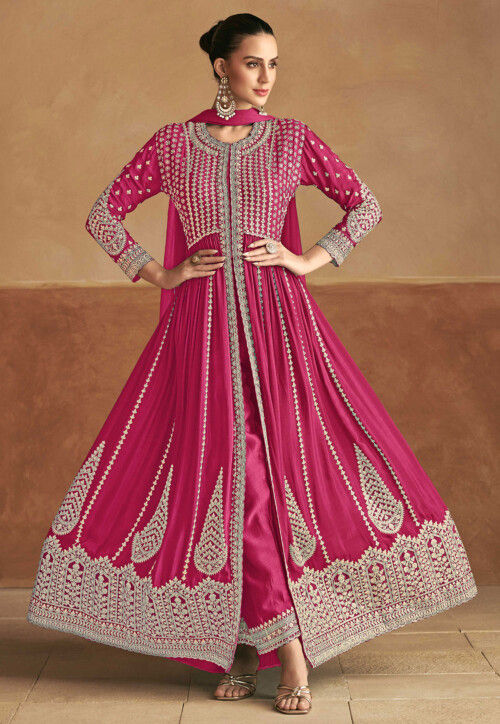 Embroidered Chinon Silk Front Slit Abaya Style Suit in Pink