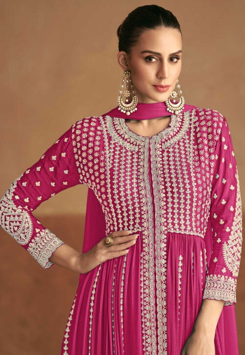 Embroidered Chinon Silk Front Slit Abaya Style Suit in Pink