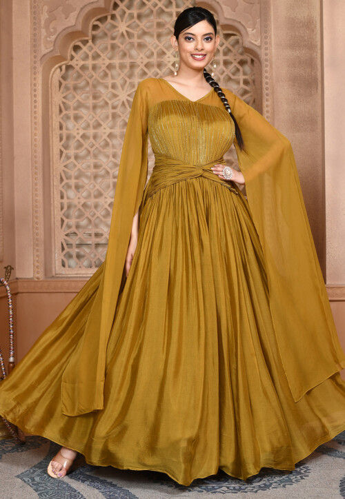 Buy Embroidered Chinon Silk Gown With Jacket in Dark Yellow Online TNM19 Utsav Fashion