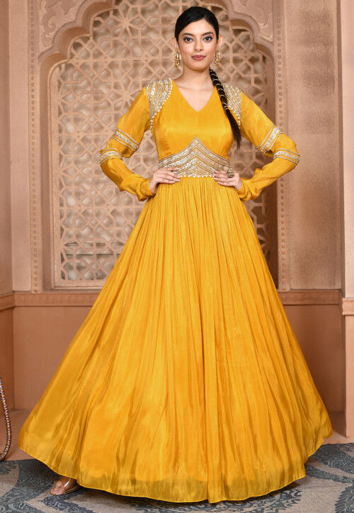 Haldi Ceremony Gown in Yellow Georgette With Heavy Embroidery and Dupatta in  USA, UK, Malaysia, South Africa, Dubai, Singapore