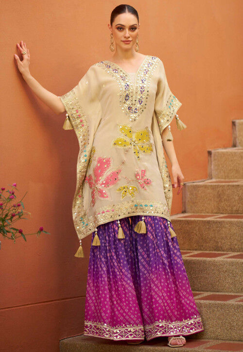 Embroidered Chinon Silk Kaftan Set in Cream