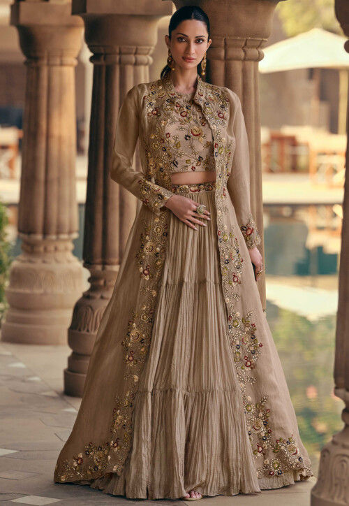 Embroidered Chinon Silk Lehenga in Beige