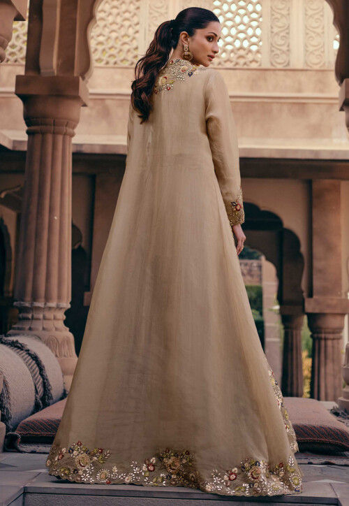 Embroidered Chinon Silk Lehenga in Beige