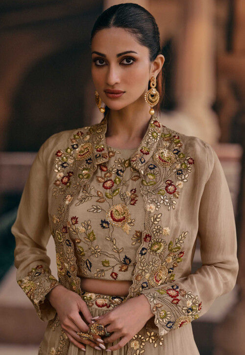 Embroidered Chinon Silk Lehenga in Beige