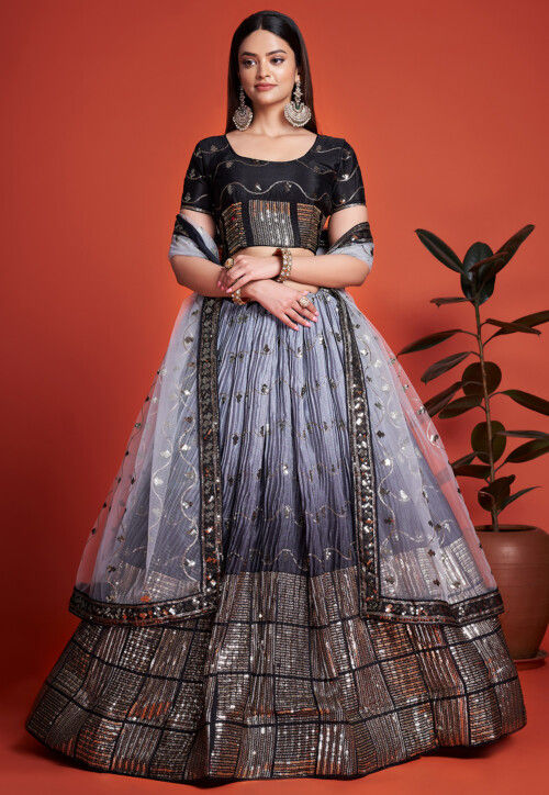 Embroidered Chinon Silk Lehenga in Dark Grey Ombre
