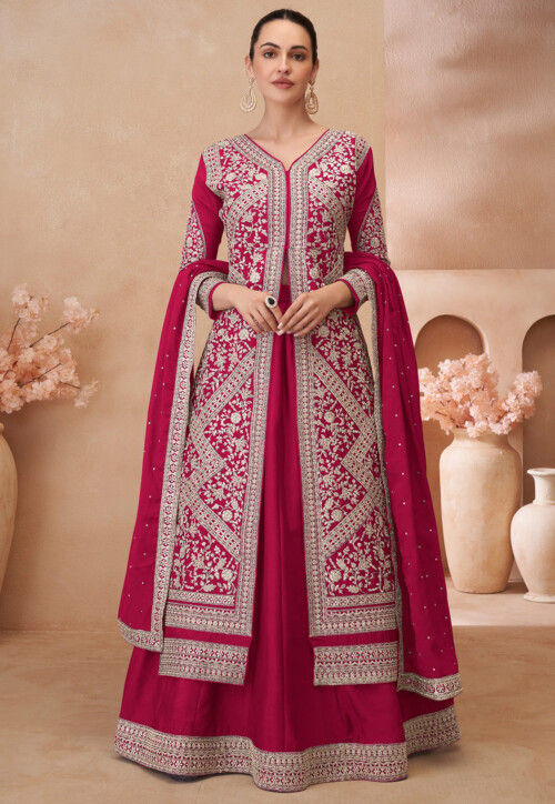 Embroidered Chinon Silk Lehenga in Fuchsia