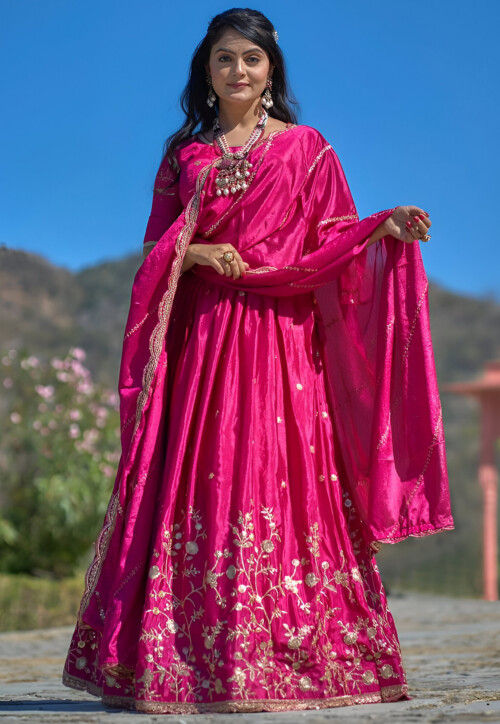 Embroidered Chinon Silk Lehenga in Fuchsia