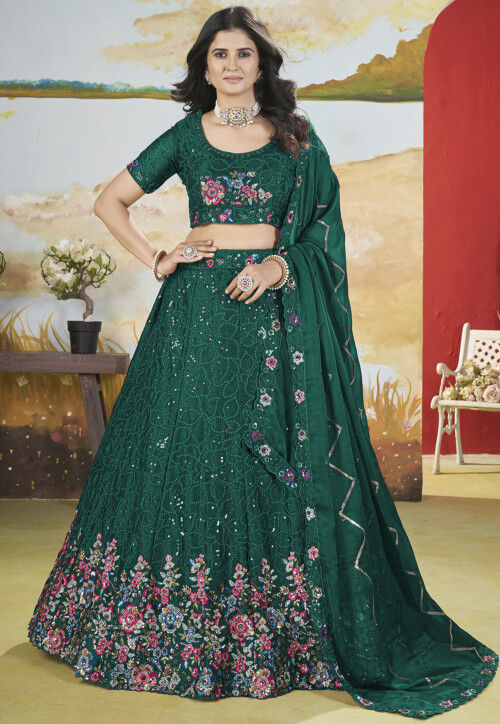 Embroidered Chinon Silk Lehenga in Green
