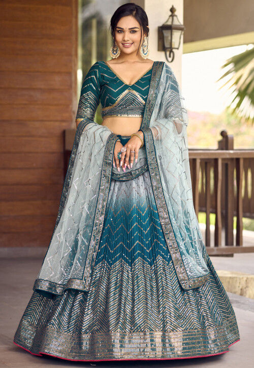 Embroidered Chinon Silk Lehenga in Grey and Teal Blue