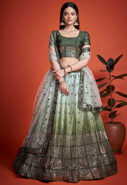 Embroidered Chinon Silk Lehenga in Light Olive Green Ombre