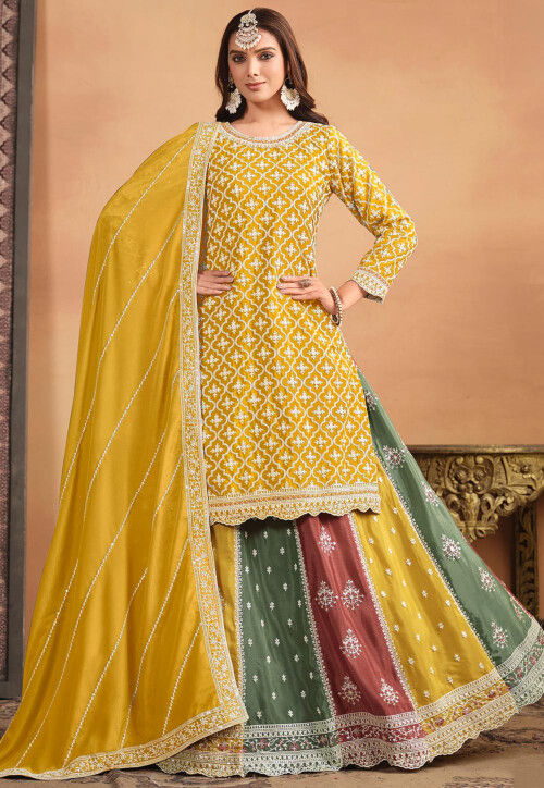 Embroidered Chinon Silk Lehenga in Yellow