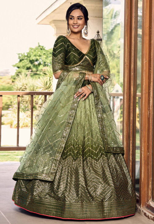 Embroidered Chinon Silk Lehenga in Olive Green