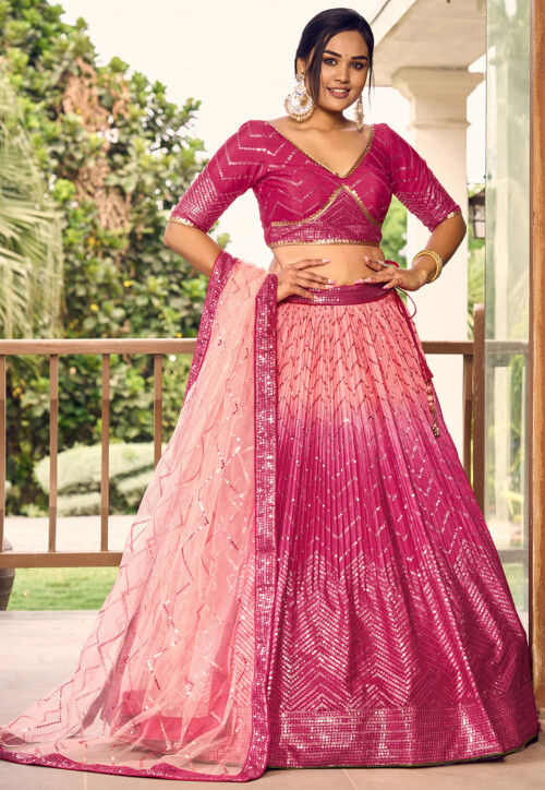 Embroidered Chinon Silk Lehenga in Peach and Pink