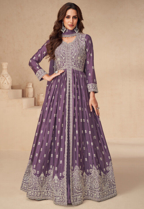 Embroidered Chinon Silk Lehenga in Purple