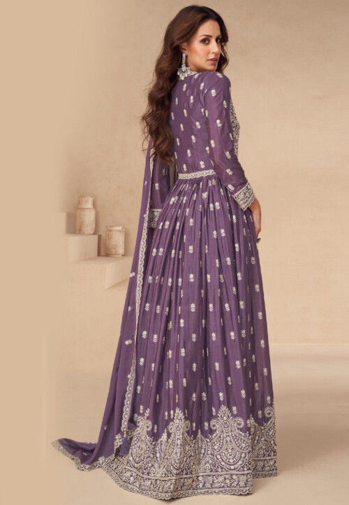 Embroidered Chinon Silk Lehenga in Purple