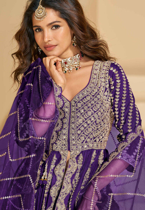Embroidered Chinon Silk Lehenga in Purple