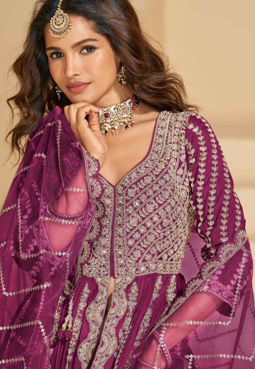 Embroidered Chinon Silk Lehenga in Purple