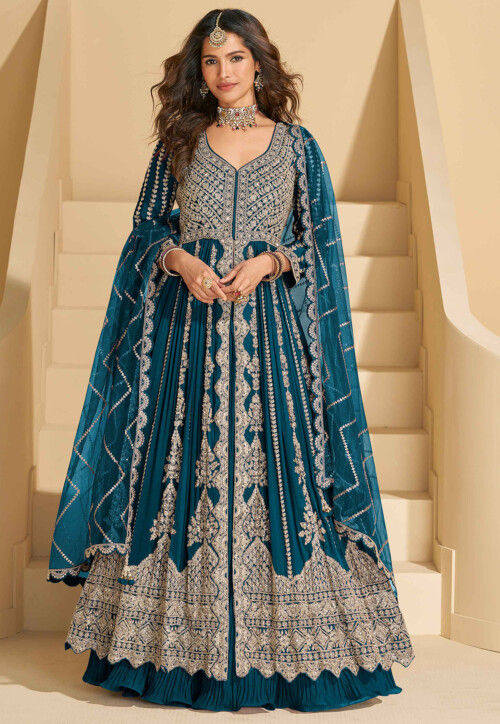 Embroidered Chinon Silk Lehenga in Teal Blue