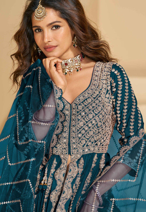 Embroidered Chinon Silk Lehenga in Teal Blue