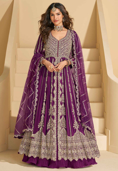 Embroidered Chinon Silk Lehenga in Wine