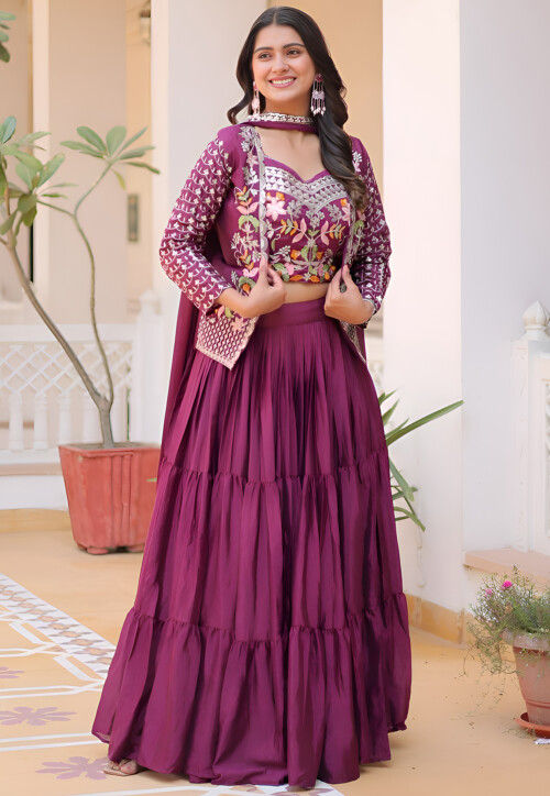 Embroidered Chinon Silk Lehenga in Wine