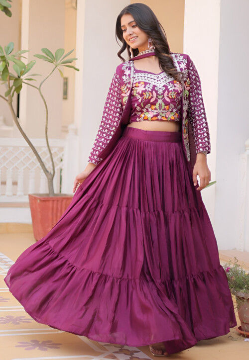 Embroidered Chinon Silk Lehenga in Wine