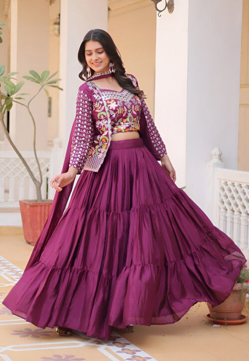Embroidered Chinon Silk Lehenga in Wine