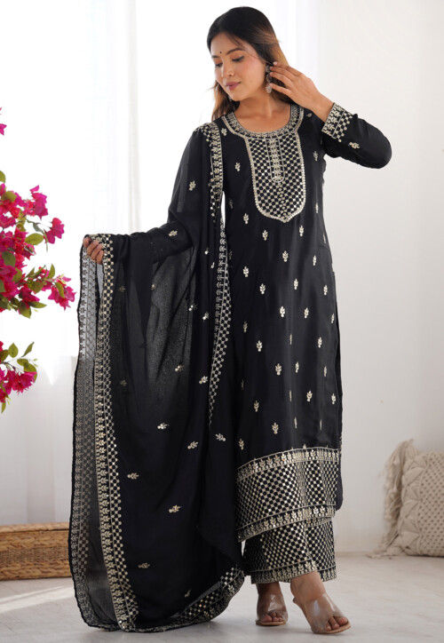 Embroidered Chinon Silk Pakistani Suit in Black