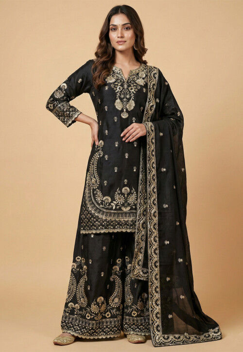 Embroidered Chinon Silk Pakistani Suit in Black