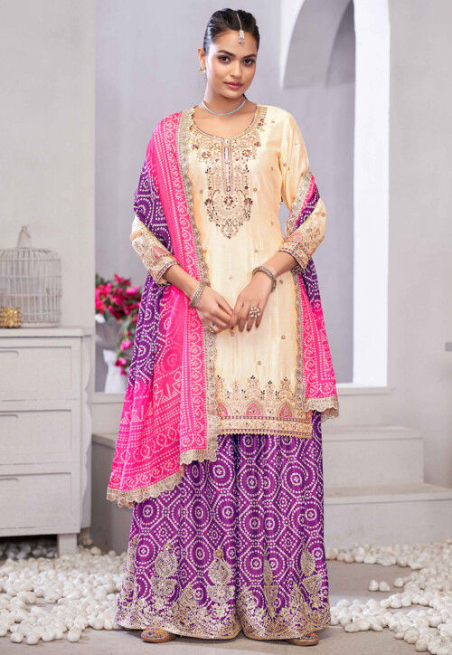 Embroidered Chinon Silk Pakistani Suit in Cream