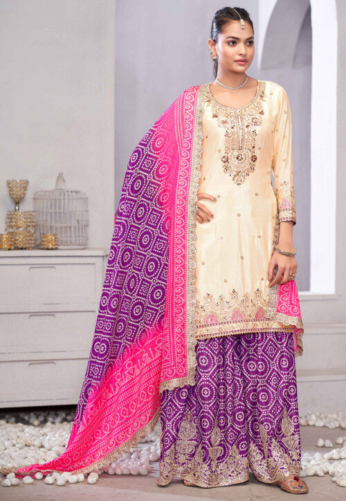 Embroidered Chinon Silk Pakistani Suit in Cream