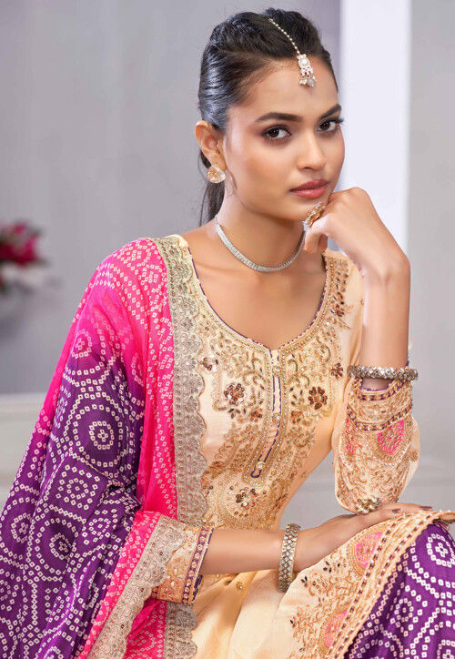 Embroidered Chinon Silk Pakistani Suit in Cream