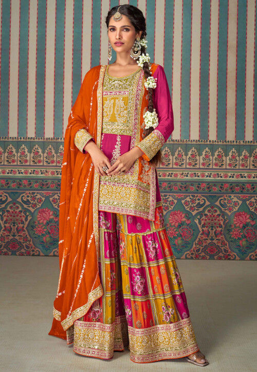 Embroidered Chinon Silk Pakistani Suit in Fuchsia and Orange