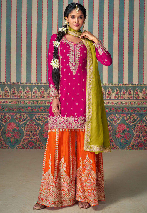 Embroidered Chinon Silk Pakistani Suit in Fuchsia